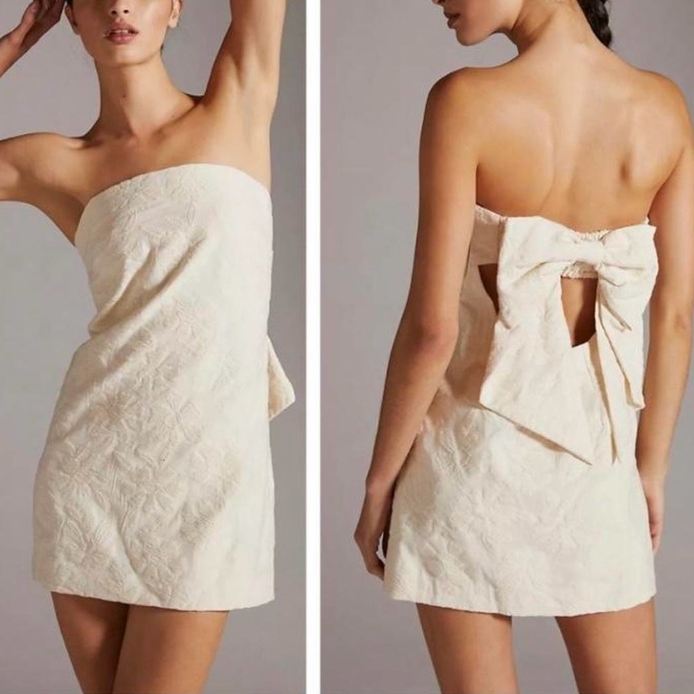 Anthropologie Strapless Ivory Mini Dress Open Back Bow Textured Cocktail